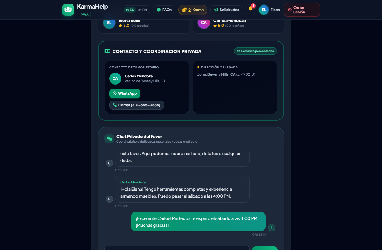 Elena coordinando en chat y panel de finalización