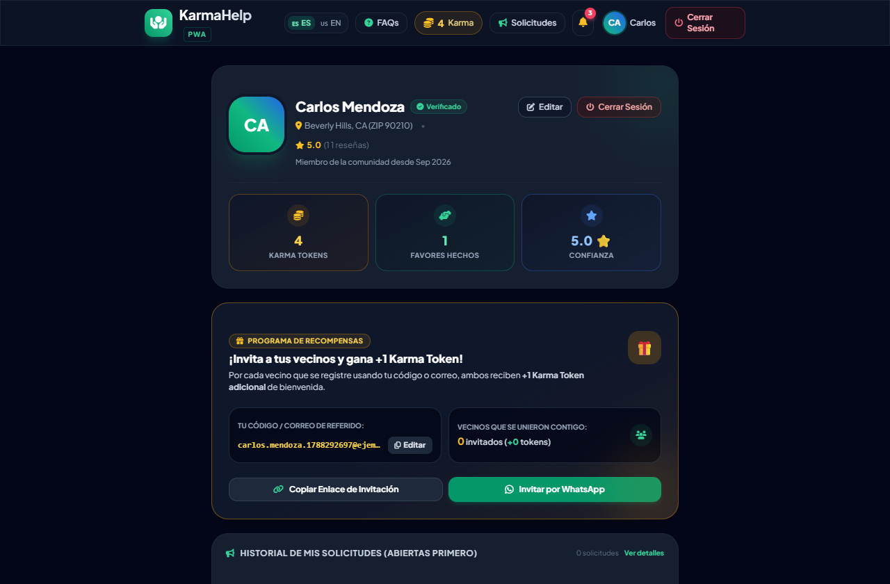 Perfil de Carlos con 4 Tokens y Reseña Recibida